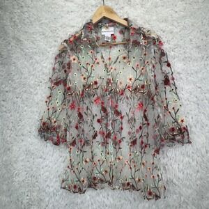 Drapers & Damons Mesh Blouse XL White Floral Butterfly Embroidered Cottagecore